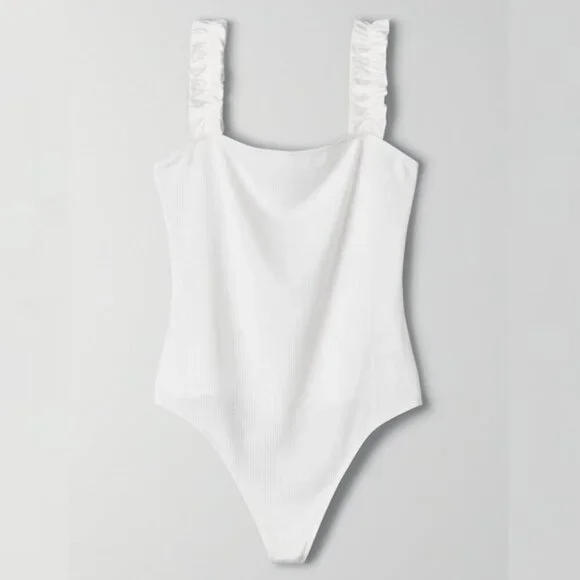 Aritzia Ruffle Strap Knit Firecracker Bodysuit Tank Top Blouse Elevated Basic - Picture 2 of 11